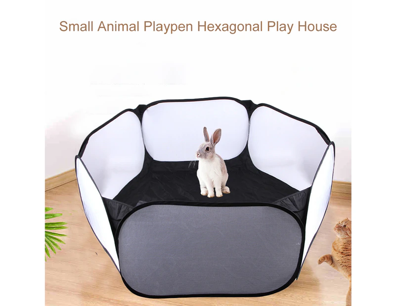 Small Pet Playpen Breathable Mesh Prevent Escape Collapsible Hexagonal Playpen Rabbits Guinea Pig Rabbit Kitten Cage Tent Toy - Black