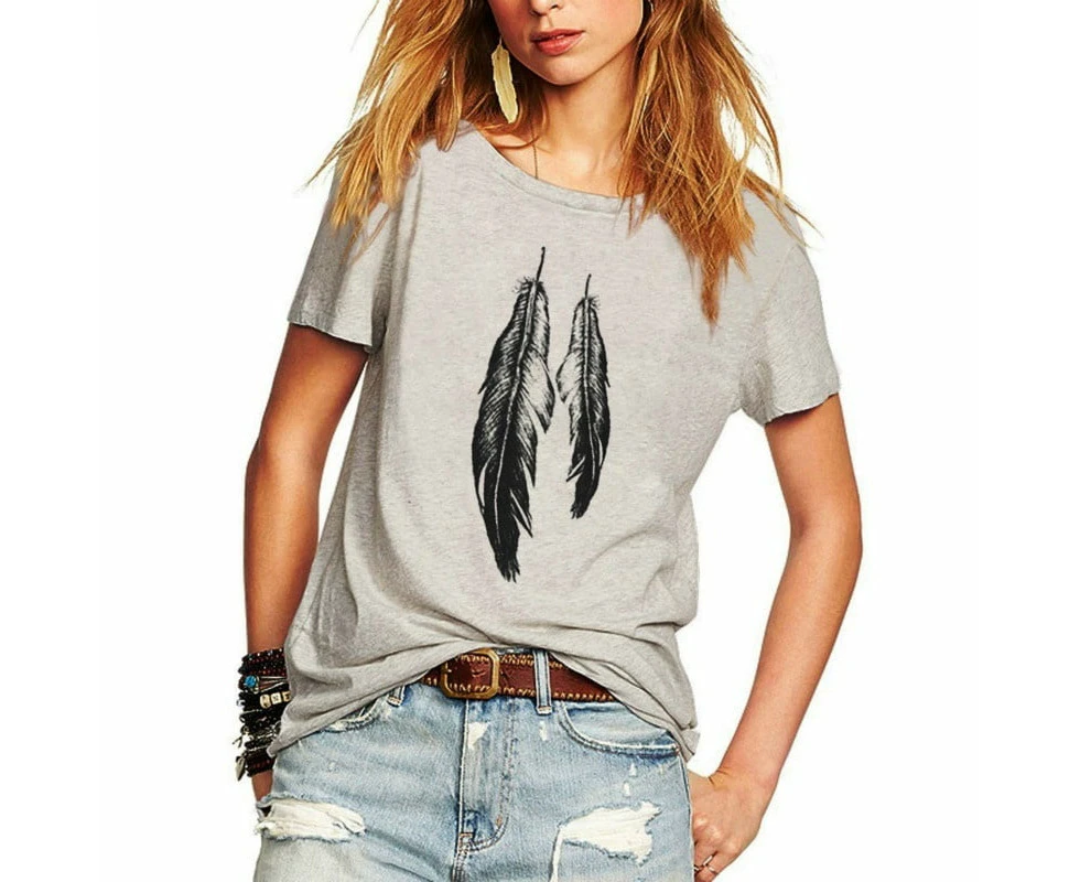 Women T Shirt Feathers Printed Short Sleeve T-Shirt Casual Loose Tops Tees,Grey,2Xl