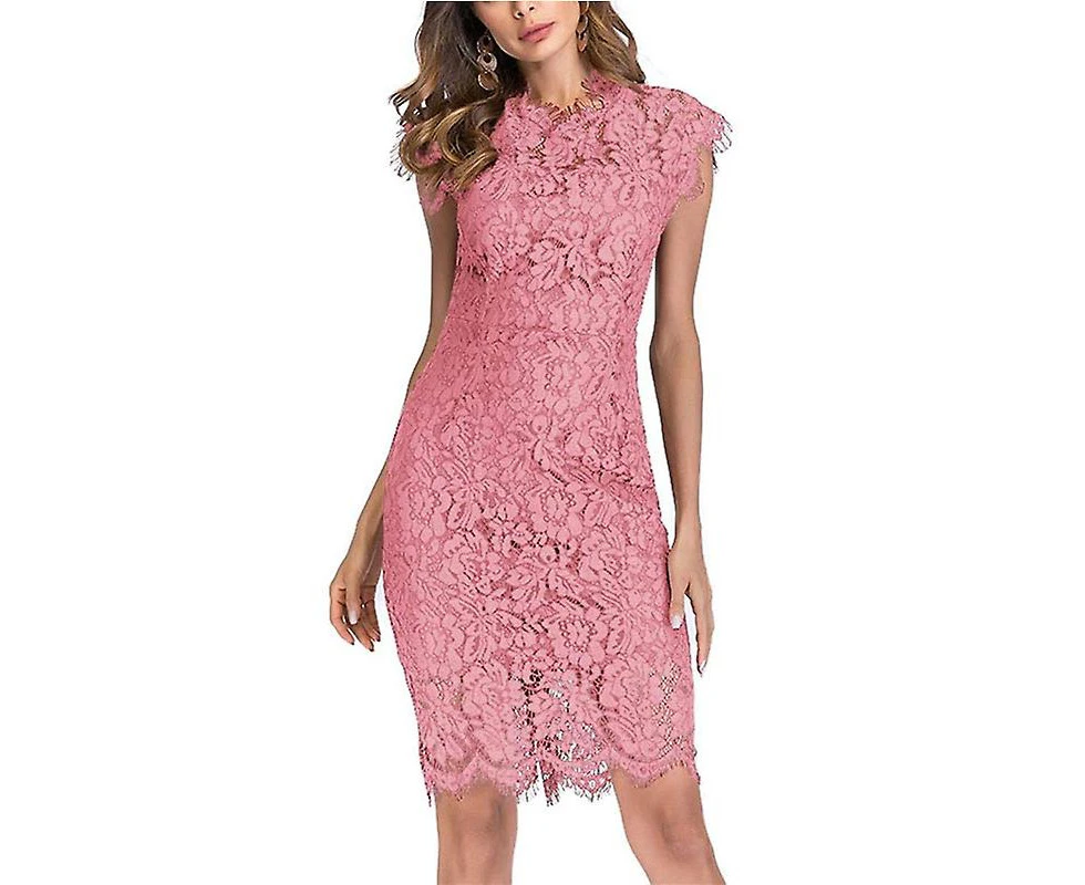 Wedding Guest Dresses For Women Dresses European And American Solid Color Lace Slim Fit Hip Sexy Dress Pink - M