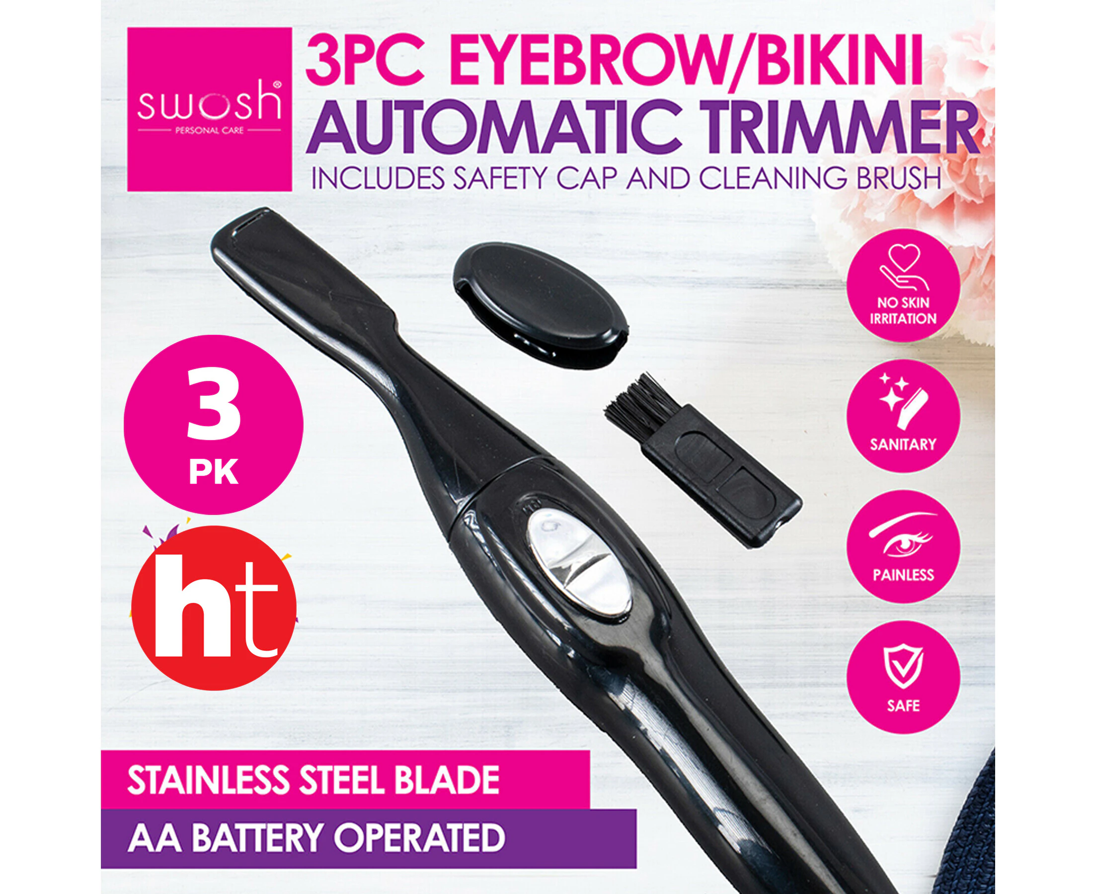 [4PK] Swosh Women's Bikini/Eyebrow Trimmer, Battery Operated, Gently Removes Hair, Provides Smooth, Gentle Finish, Designed for Easy, Safe Trimming