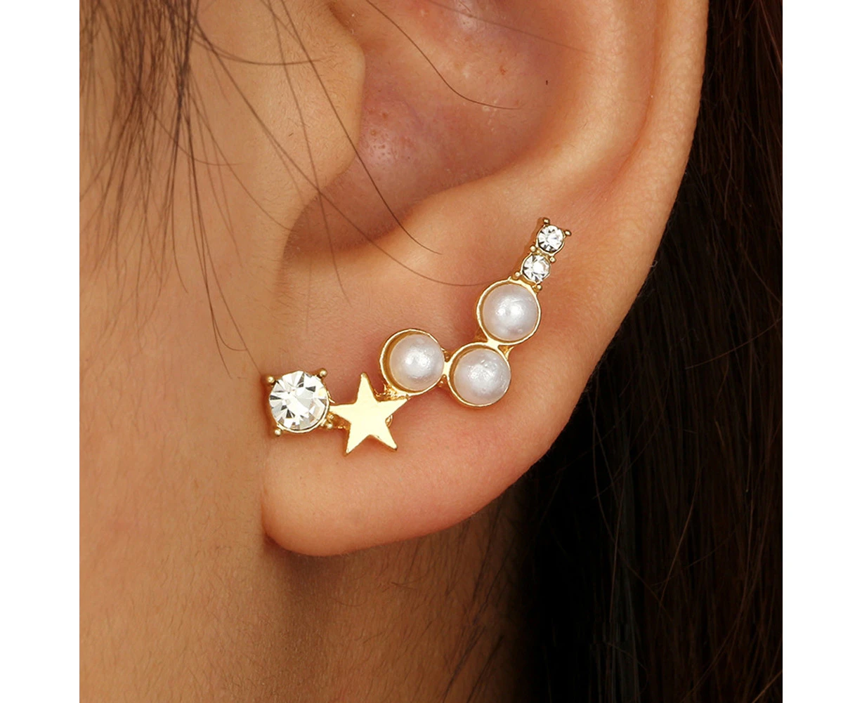 Women Fashion Star Faux Pearl Rhinestone Ear Stud Climber Earrings Jewelry Gift-Golden