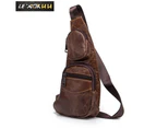 Trend Men Crazy Horse Leather Casual Fashion Travel Chest Pack Sling Bag Design Triangle One Shoulder Crossbody Bag Daypack - Coffee