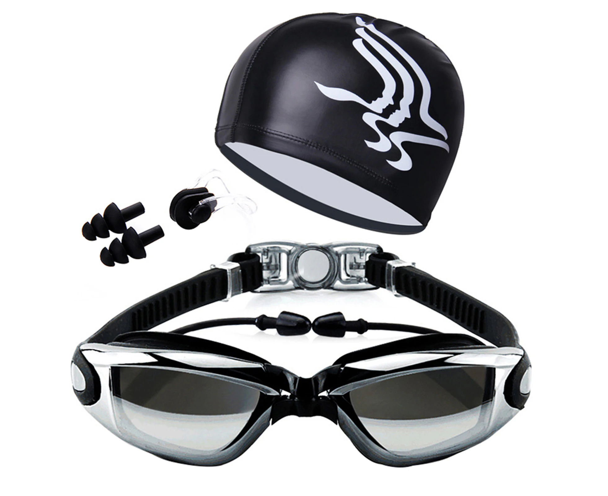 Swim Goggles with Hat Ear Plug Nose Clip Suit Waterproof Swim Glasses Anti-fog Electroplating Black