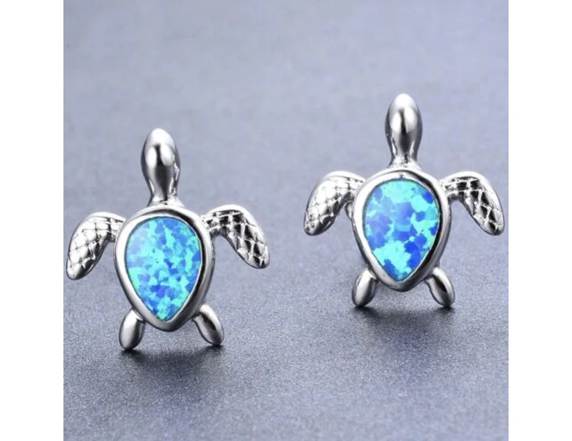 Blue Fire Opal Sea Turtle Tortoise Silver Stud Earrings Women’s Jewellery Gift