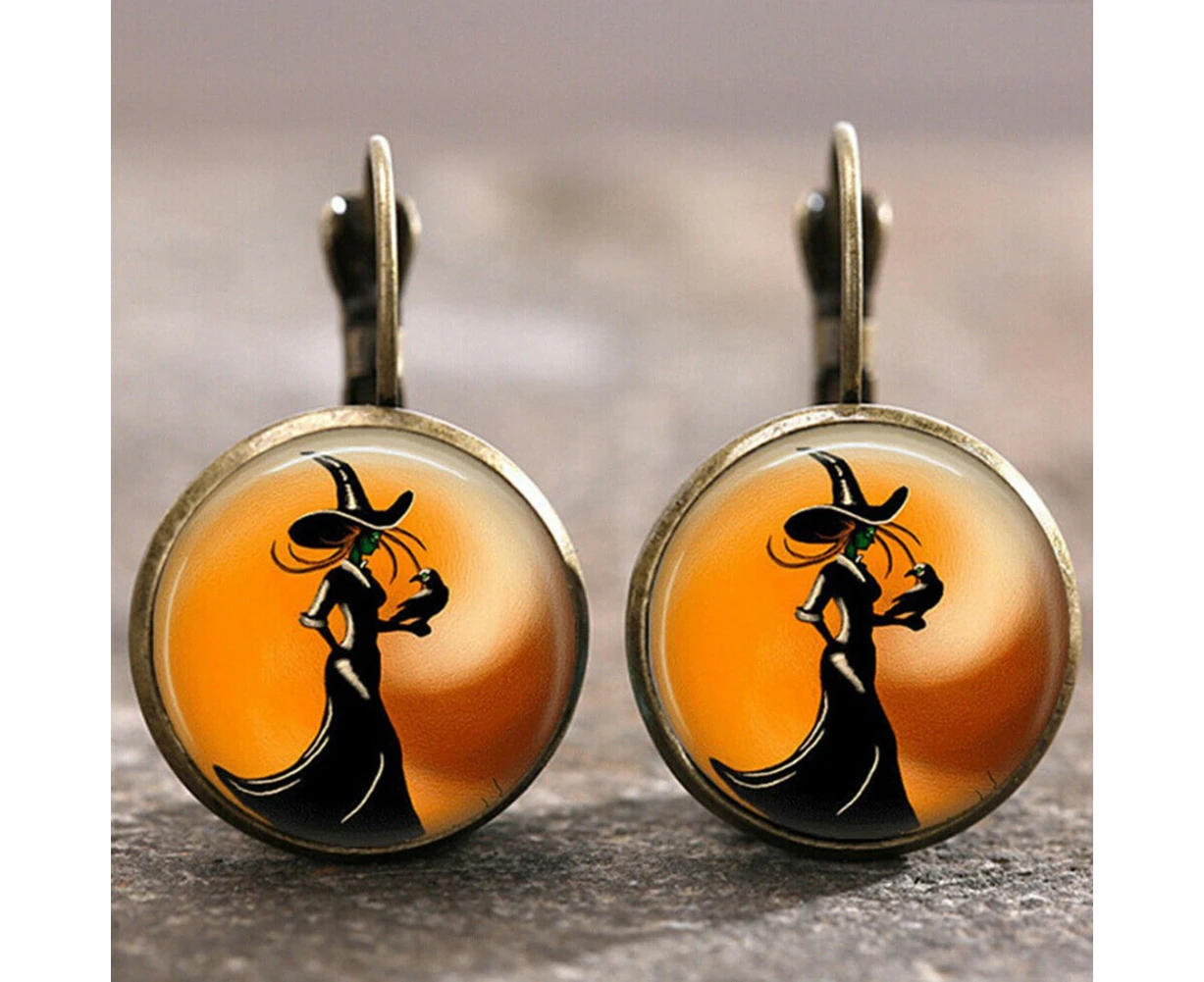 1 Pair Halloween Party Witch Glass Cabochon Lever Back Earrings Women Jewelry-Bronze