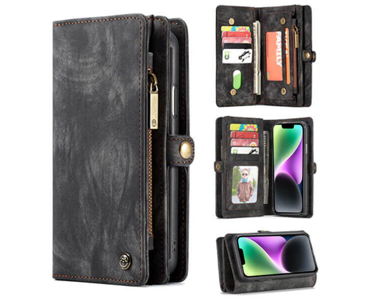 CaseMe For Apple iPhone 14 Zipper & Detachable Retro Leather Pouch Wallet Flip Purse Bag Detachable Phone Case Cover (Black)