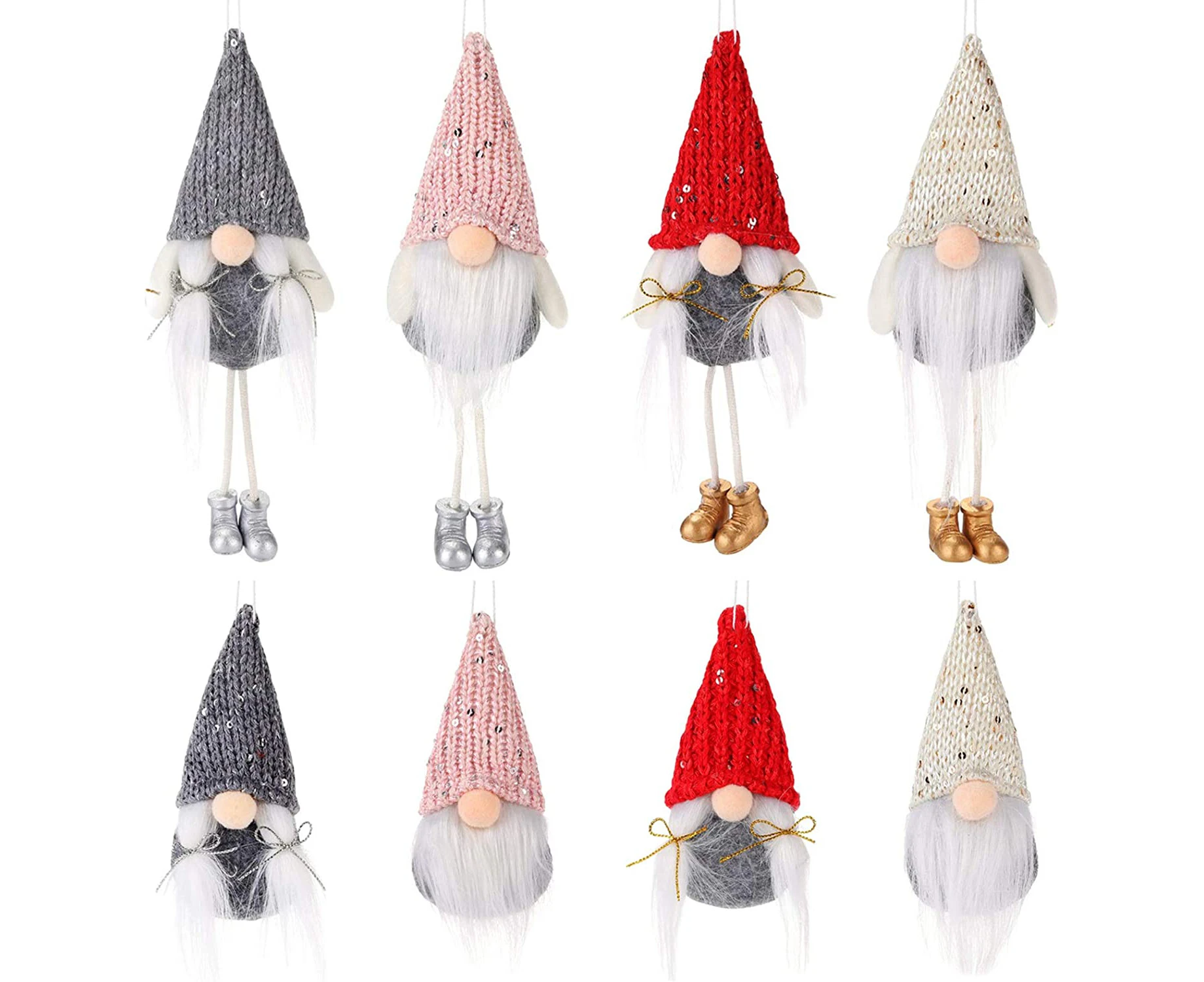 8 Pack Christmas Sequins Swedish Tomte Gnomes- Handmade Knitting Scandinavian Elf Plush Doll Hanging Ornament