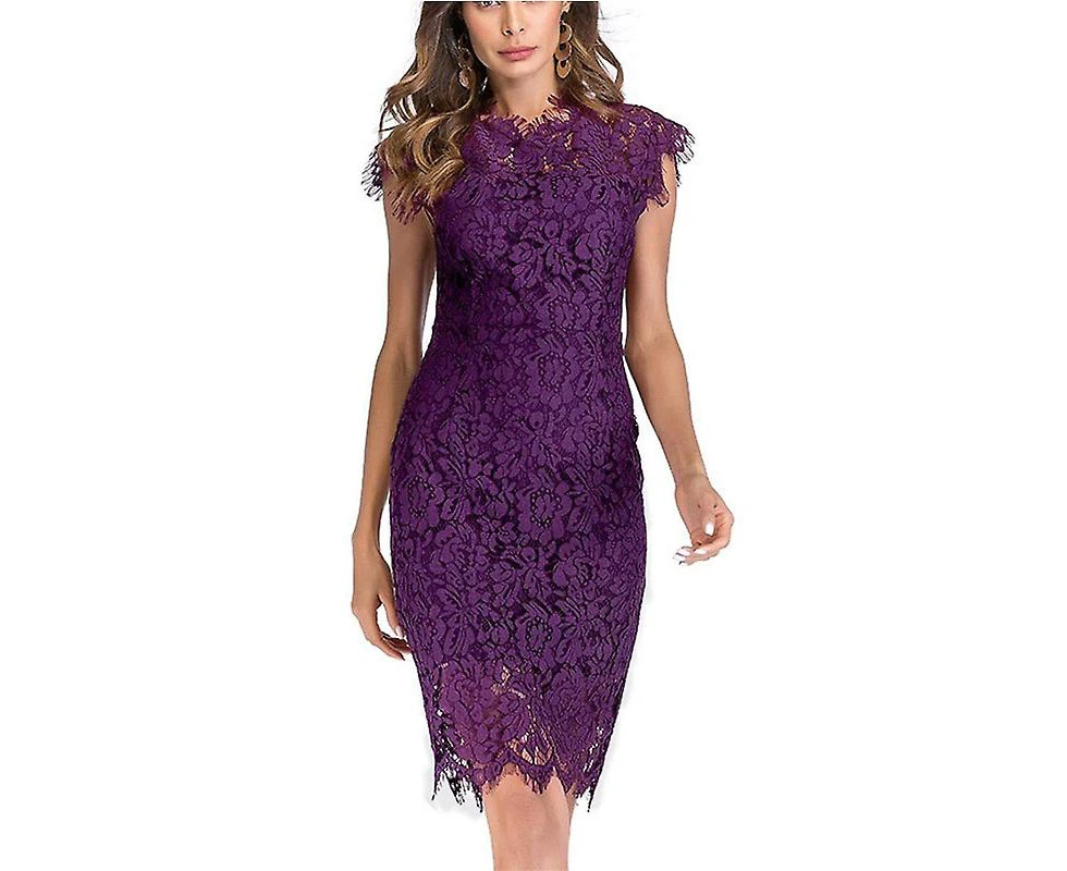 Wedding Guest Dresses For Women Dresses European And American Solid Color Lace Slim Fit Hip Sexy Dress Red Purple - XL