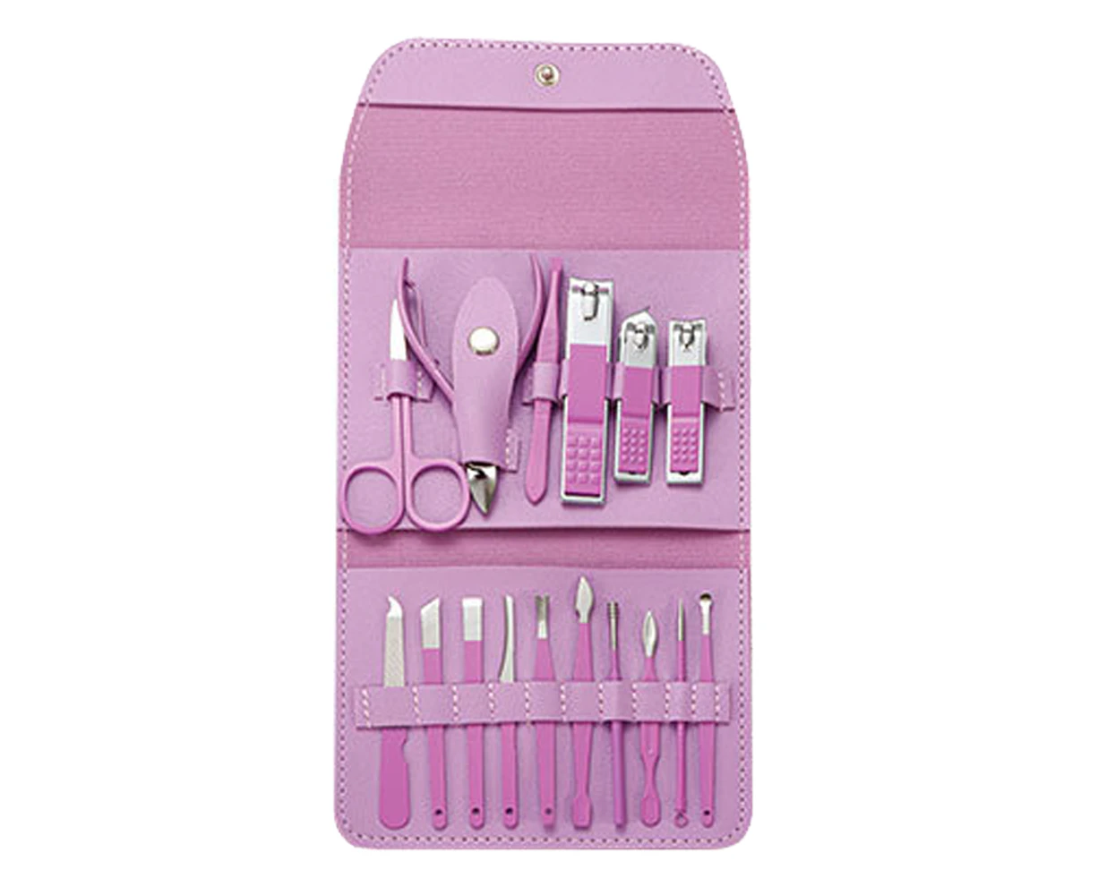 Professional Pedicure Kit Nail ClippersTools, Grooming Kit Nail Care Tool with Leather Travel Case - 16 Pieces - Purple