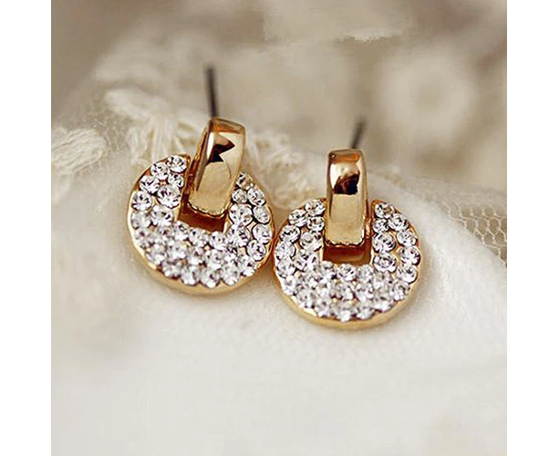 Full Rhinestone Copper Coin Ear Studs Earrings Lady Palace Style Eardrop Jewelry