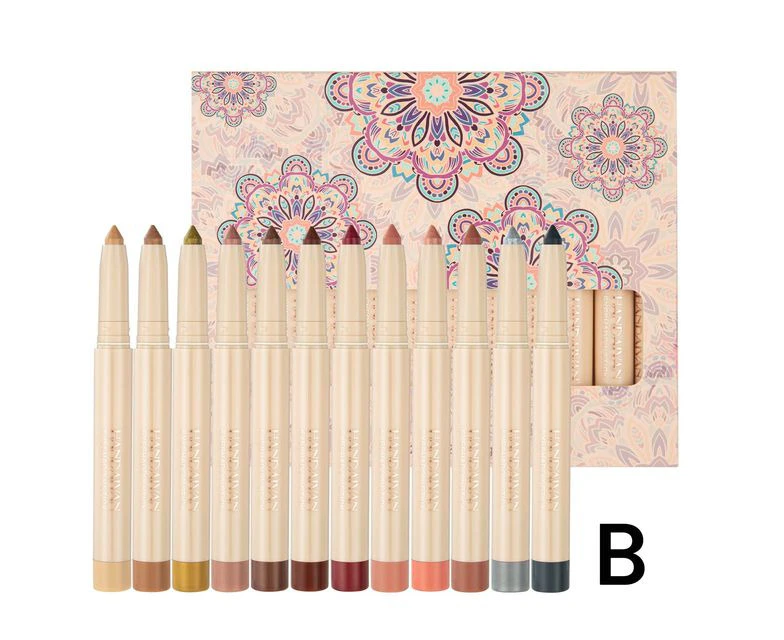 12Pcs/Set Rainbow Earth Color Eye Shadow Pen Set Not Easy To Smudge Color Cream Eyeshadow Stick with Pencil Sharpener-B