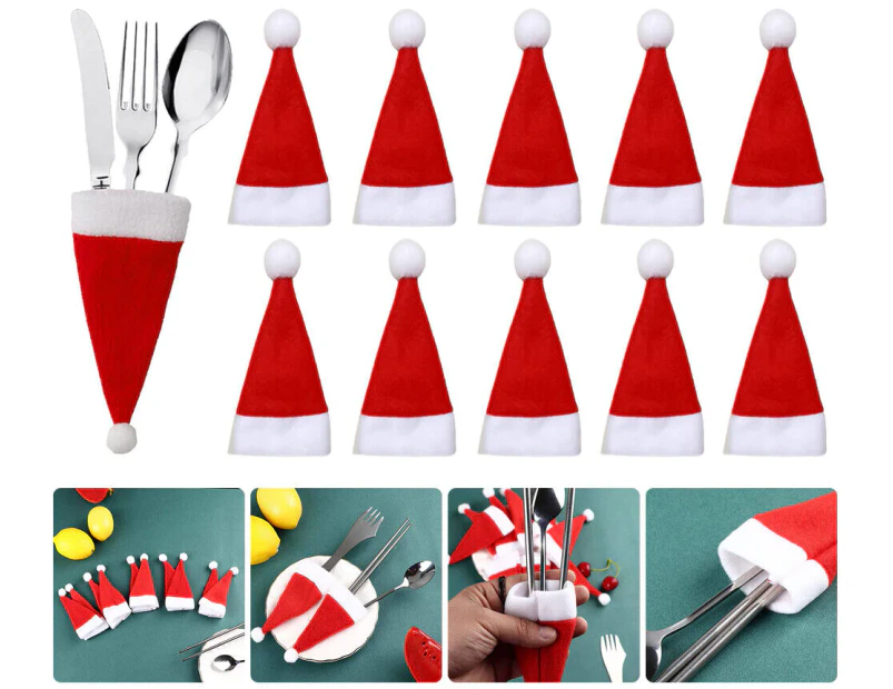 10PCS Red Hat Santa Cutlery Christmas Knife Bag Xmas Fork Holder Xmas Decoration