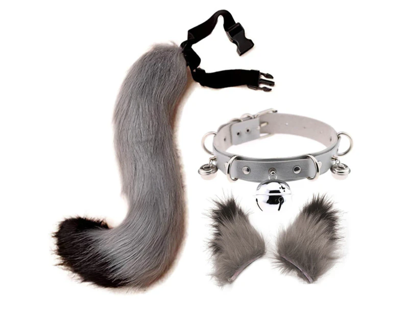 Hair Clips Cocker Tail Animal Element Adjustable Faux Fur Solid Wolf Tail Ears Collar for Cosplay-Grey - Grey