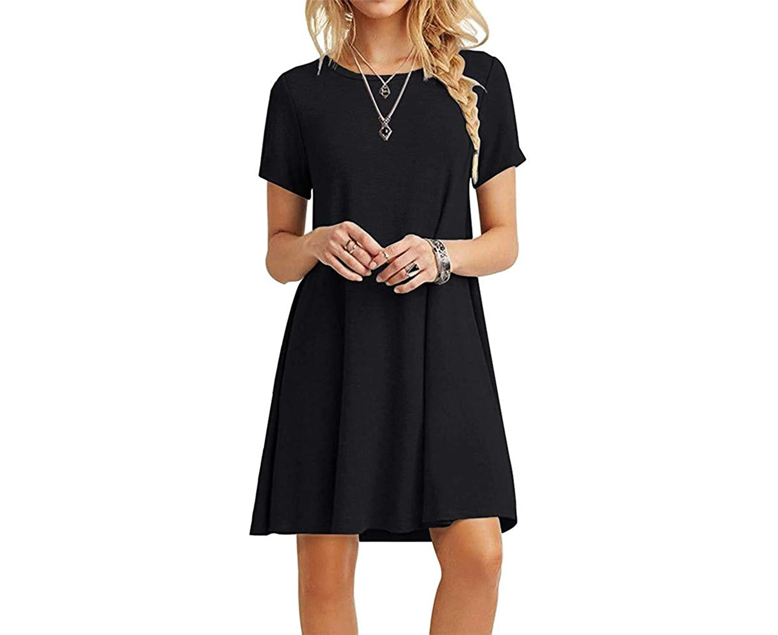 Women's Casual Plain Simple T-Shirt Loose Dress Black XL