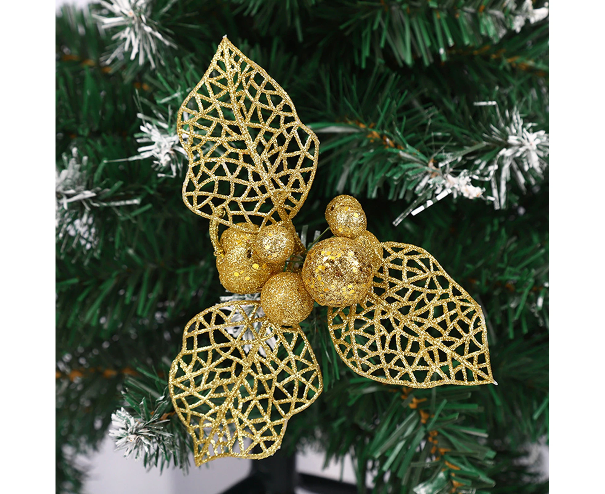 10Pcs Christmas Artificial Flower Glitter Golden Powder Berries DIY Hollow Out Scene Layout Wreath Accessories Xmas Decoration Fake Leaf-Golden 15cm