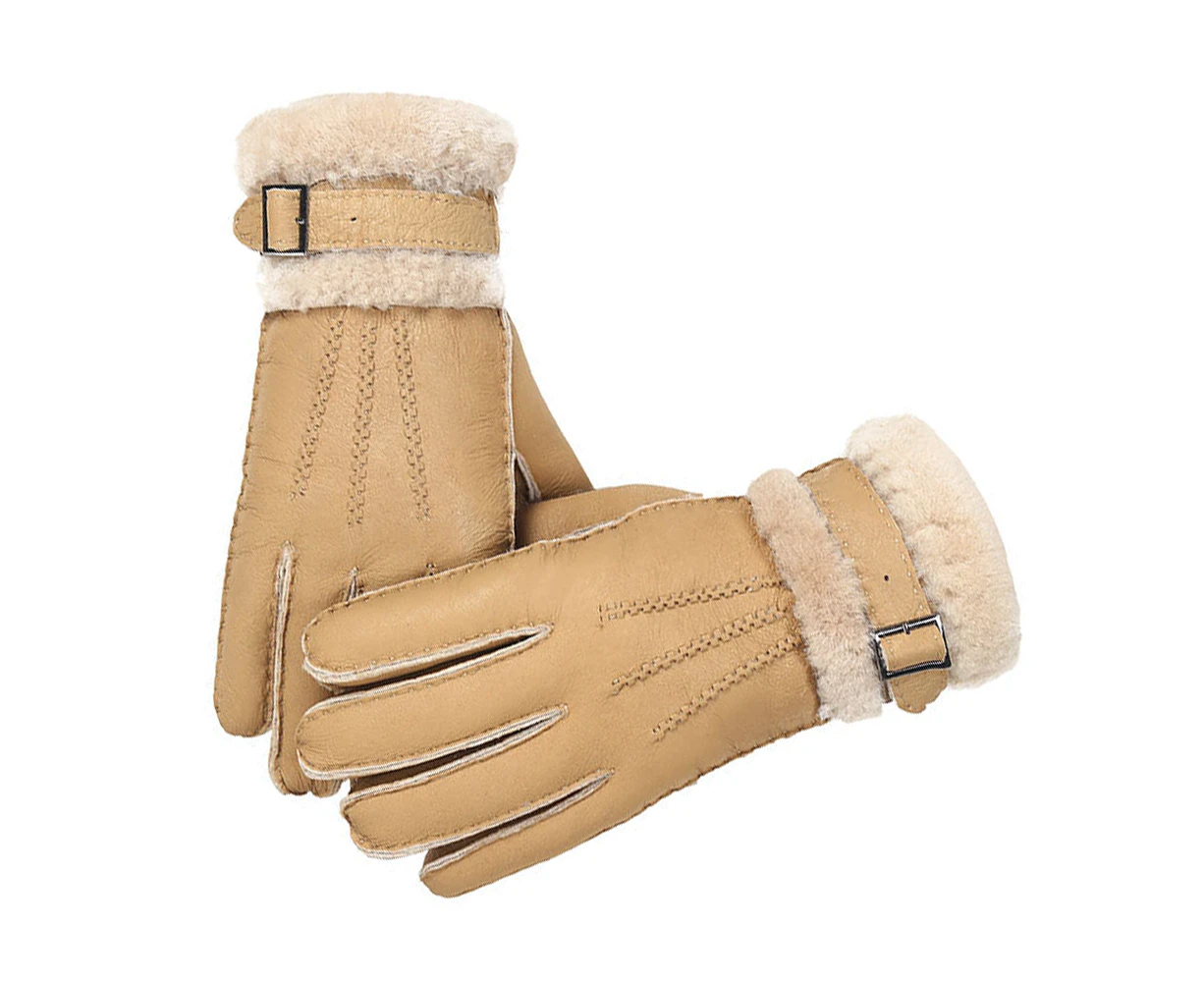 Men's Merino strong sheepskin wool leather gloves mittens - Khaki