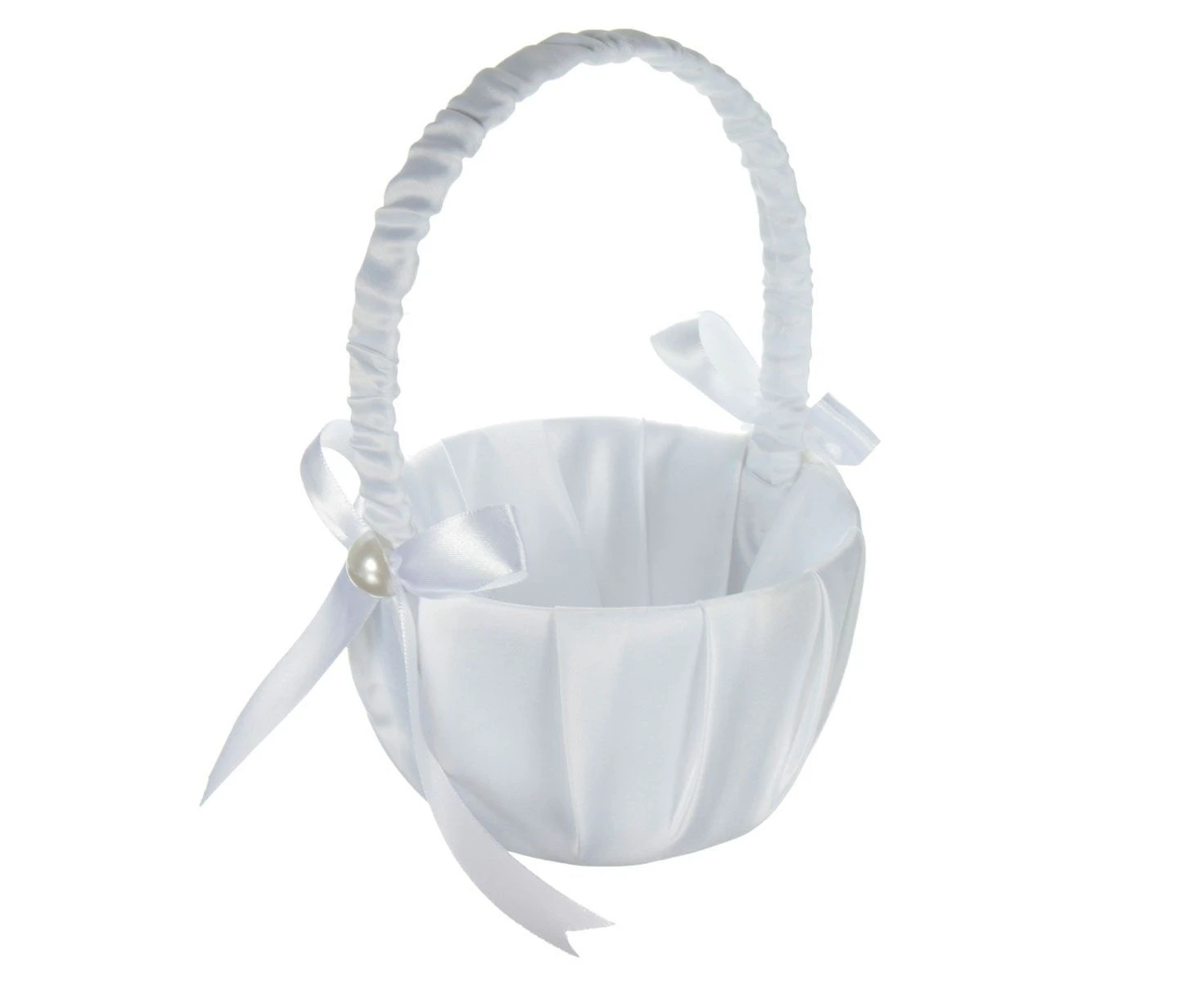 Wedding Flower Baskets, White Satin Bowknot Flower Baskets Pearl Collection Flower Girl Baskets for Weddings