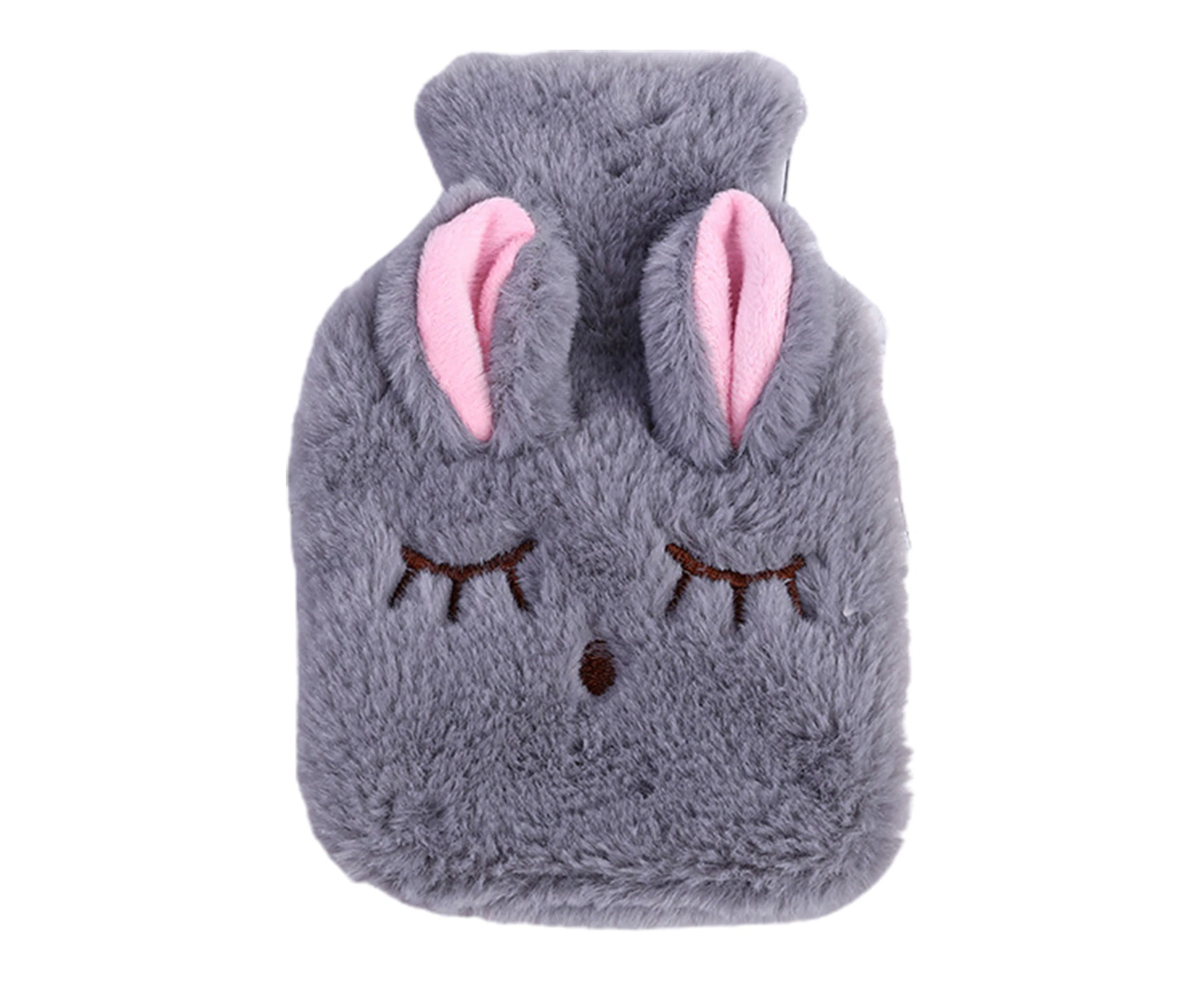 Hot Water Bottle Wide Opening Comfortable Touch Cute Cartoon Winter PVC Water Bottle with Hand Pocket Cover for Hot Cold Therapy-Grey