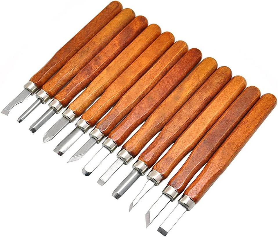 Woodcut set with 12 handmade SK2 steel chisels for woodcarving or pottery - beginner's set with reusable plastic box