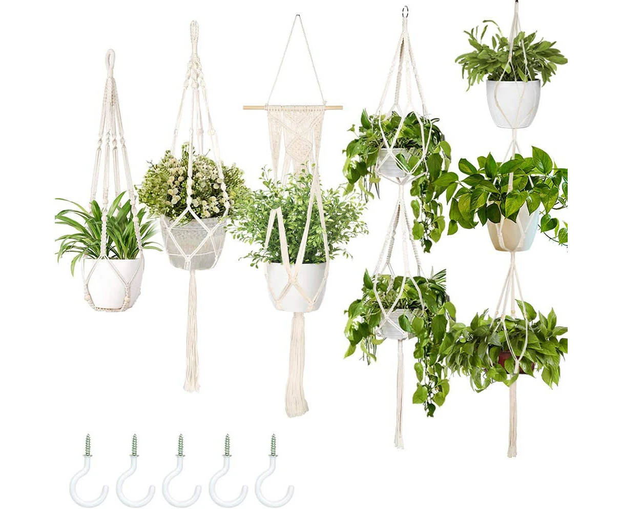 5 Pack Macrame Plant Hanger Indoor Wall Hanging Planter + 5PCS Hooks, Holder Basket Stand Decorative Flower Pot Holder(Different Tiers)