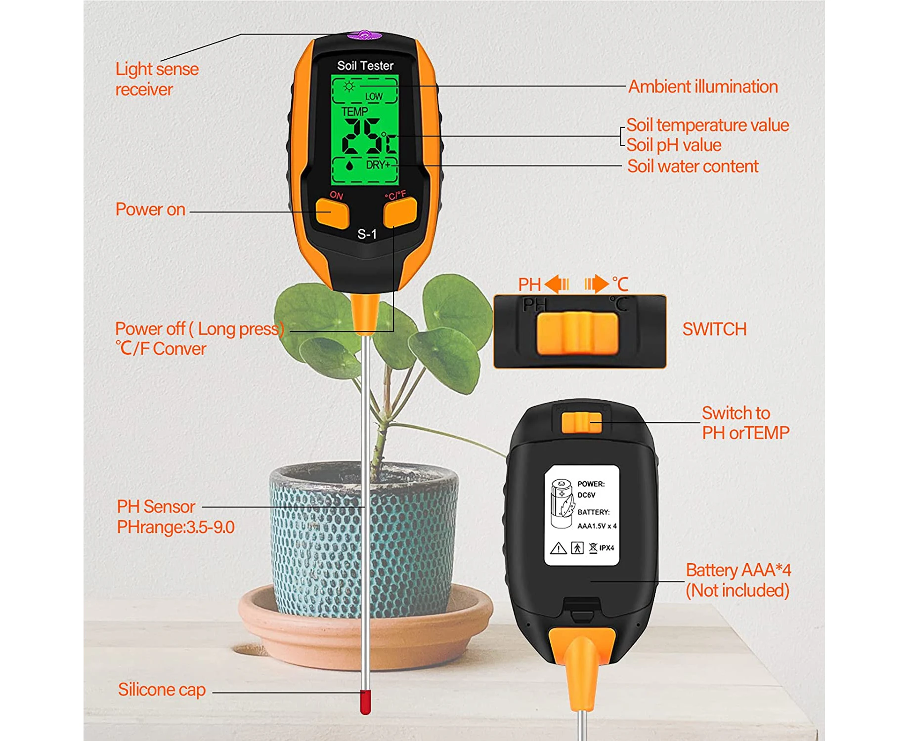 4 in 1 Soil Moisture Meter,Digital Plant Temperature