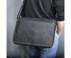 Crazy Horse Leather Men Fashion Black Casual 14&quot; Laptop One Shoulder Bag Design Messenger Crossbody Bag School Book Bag 2088-b - Black