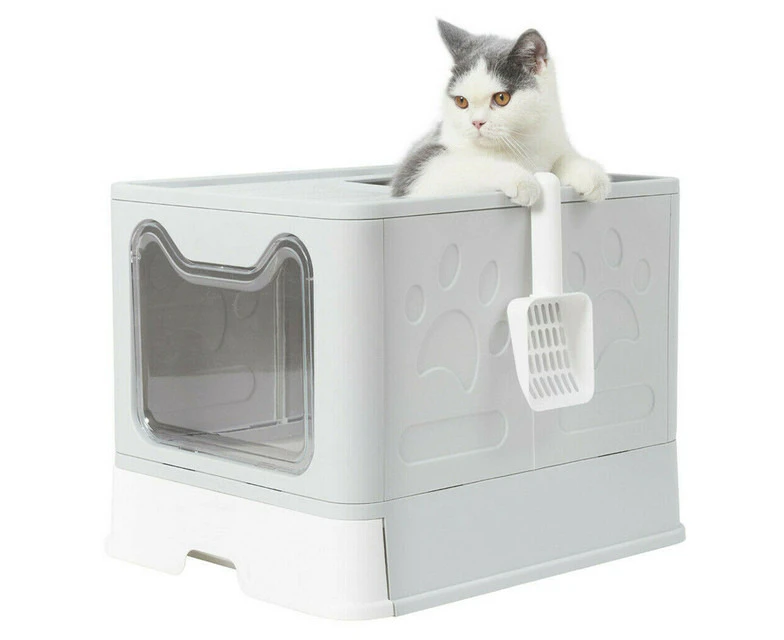 Large Kitty Toilet Box Self-Cleaning Hooded Cat Litter Box Enclosed Tray Refills-Grey