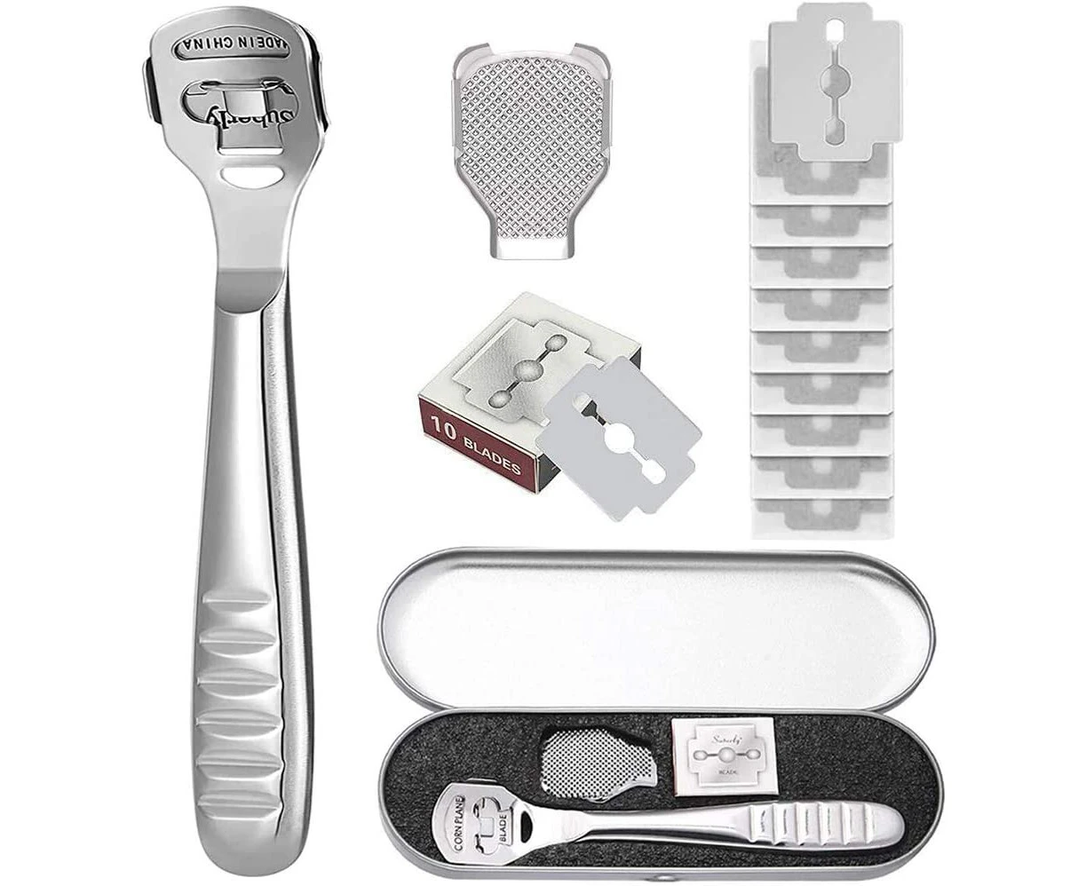 Callus planer foot file, stainless steel rasp files for foot care pedicure callus planer razor with box, foot file heads and 10 spare blades