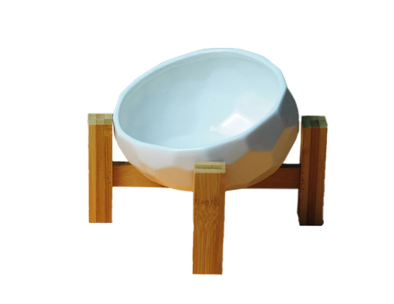 High-footed tilting anti-overturning pet bowl wooden frame ceramic bowl to protect cervical vertebra - White