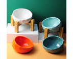 High-footed tilting anti-overturning pet bowl wooden frame ceramic bowl to protect cervical vertebra - White