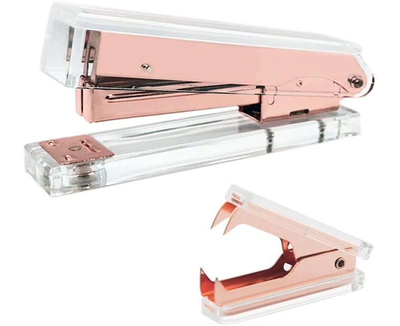 Office Stapler Staples Remover Set, Clear Acrylic Rose Gold Tone Desk Executive Manual Staplers (Clear & Rose Gold)