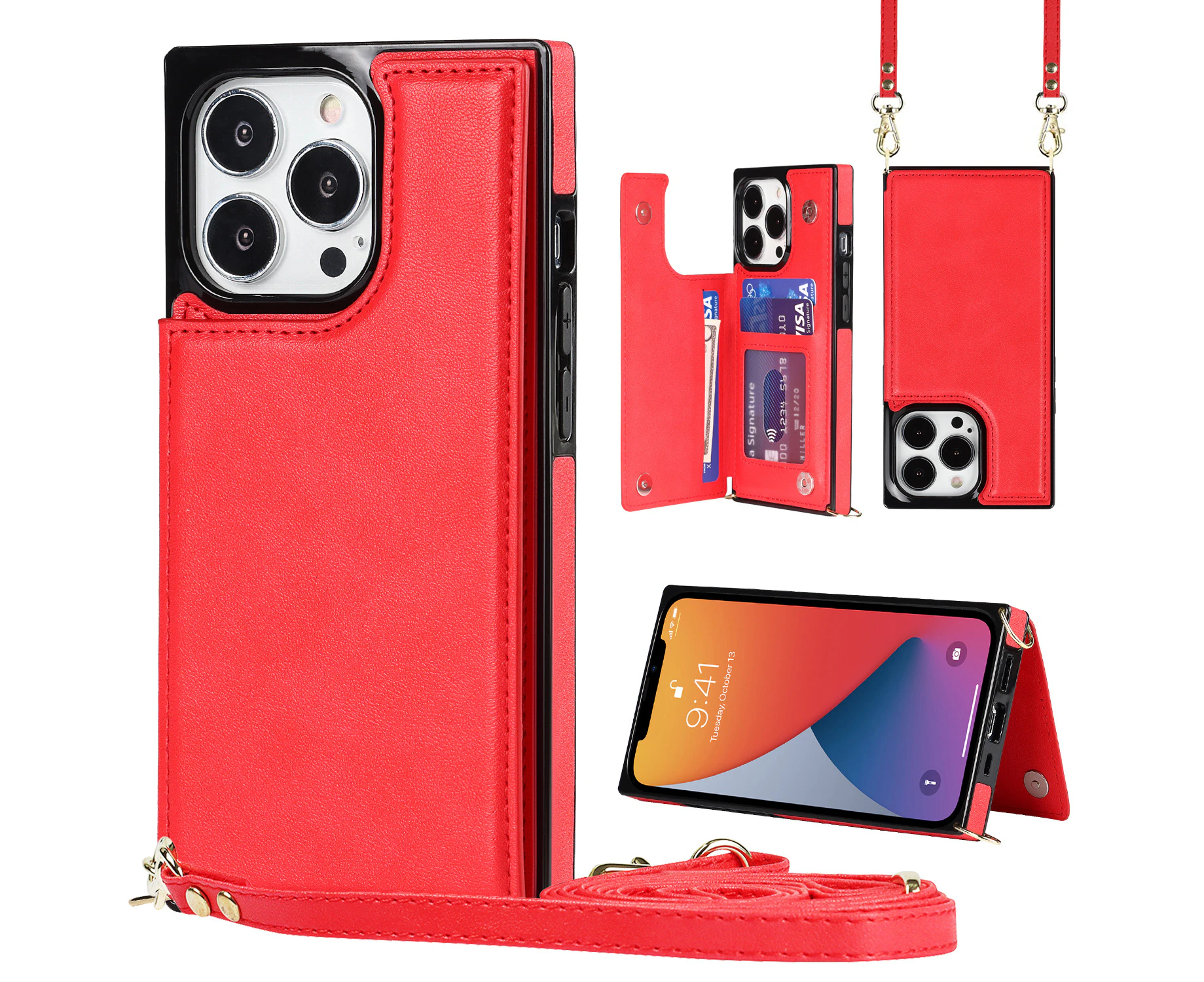 For iPhone 13 Pro Max Wallet Case with Strap - Red