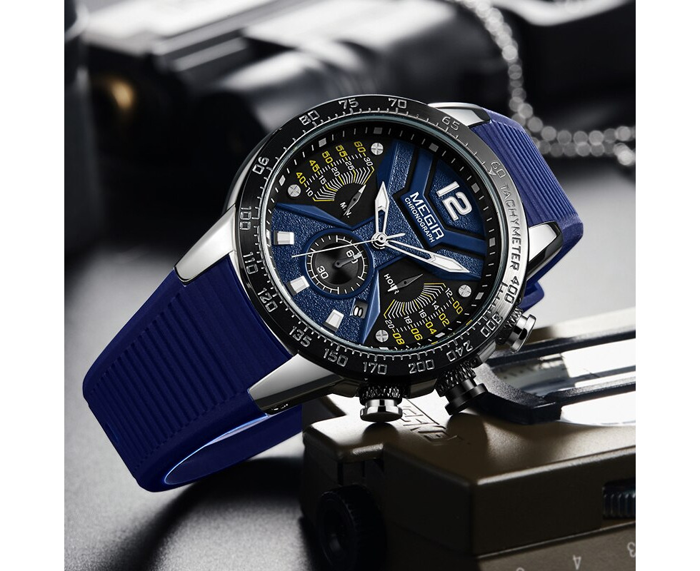 New MEGIR Watch Men Luxury Brand Silicone Sport Chronograph Quartz Clock Mens Watches Waterproof Date Military Wrist Watch Blue Catch