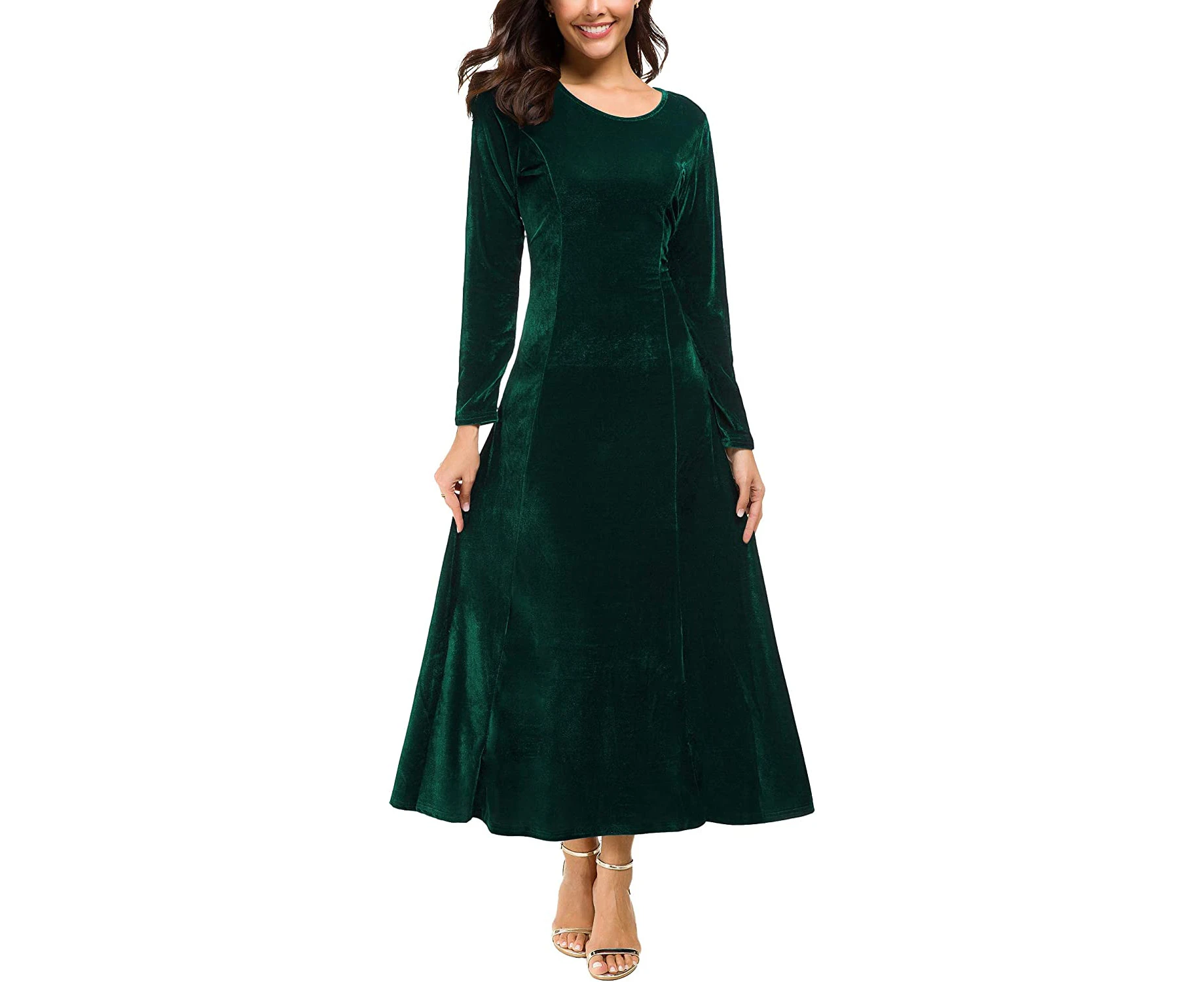 PPIAO Women's Elegant Long Sleeve Ruched Velvet Stretchy Long Dress - Green