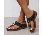 1 Pair T-Strap Round Toe Flip Flops Slip-on Slope Heel Platform Women Sandals for Daily Life-Black