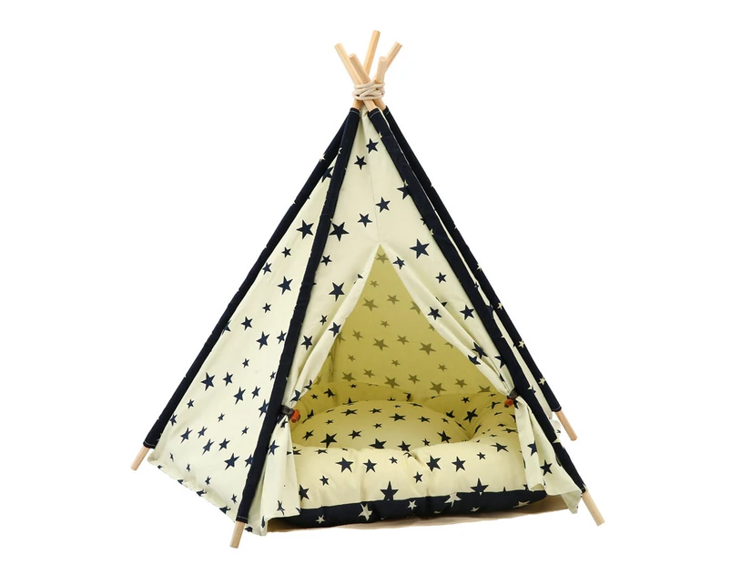Cotton Canvas Pet Tent Cat and Dog Bed with Cushion, Specification: Large 60×60×70cm(Beige Navy Star)
