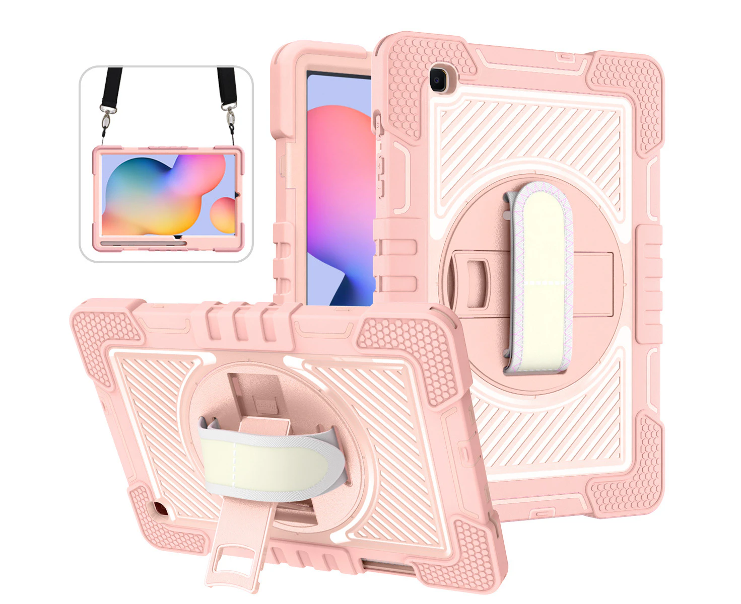 Kids Protective Case Shockproof Rugged Cover with Pencil Holder Kickstand Shoulder Strap for Samsung Galaxy Tab S6 Lite P610		-Rose gold