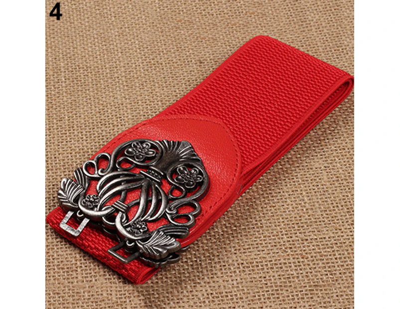 Women Retro Adjustable Flower Elastic Stretch Buckle Wide Waist Belt Waistband-Red