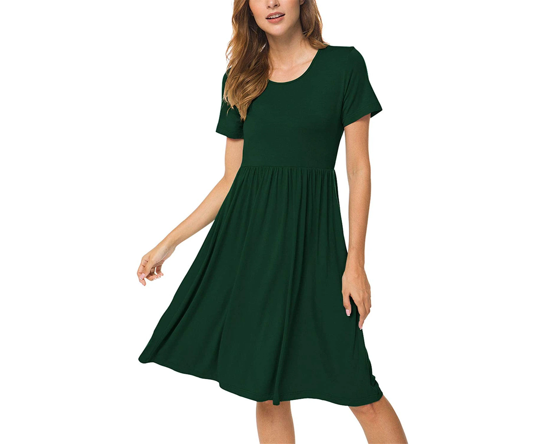 ISLAND Women Summer Casual Short Sleeve Dresses Empire Waist Dress with Pockets - Dark green