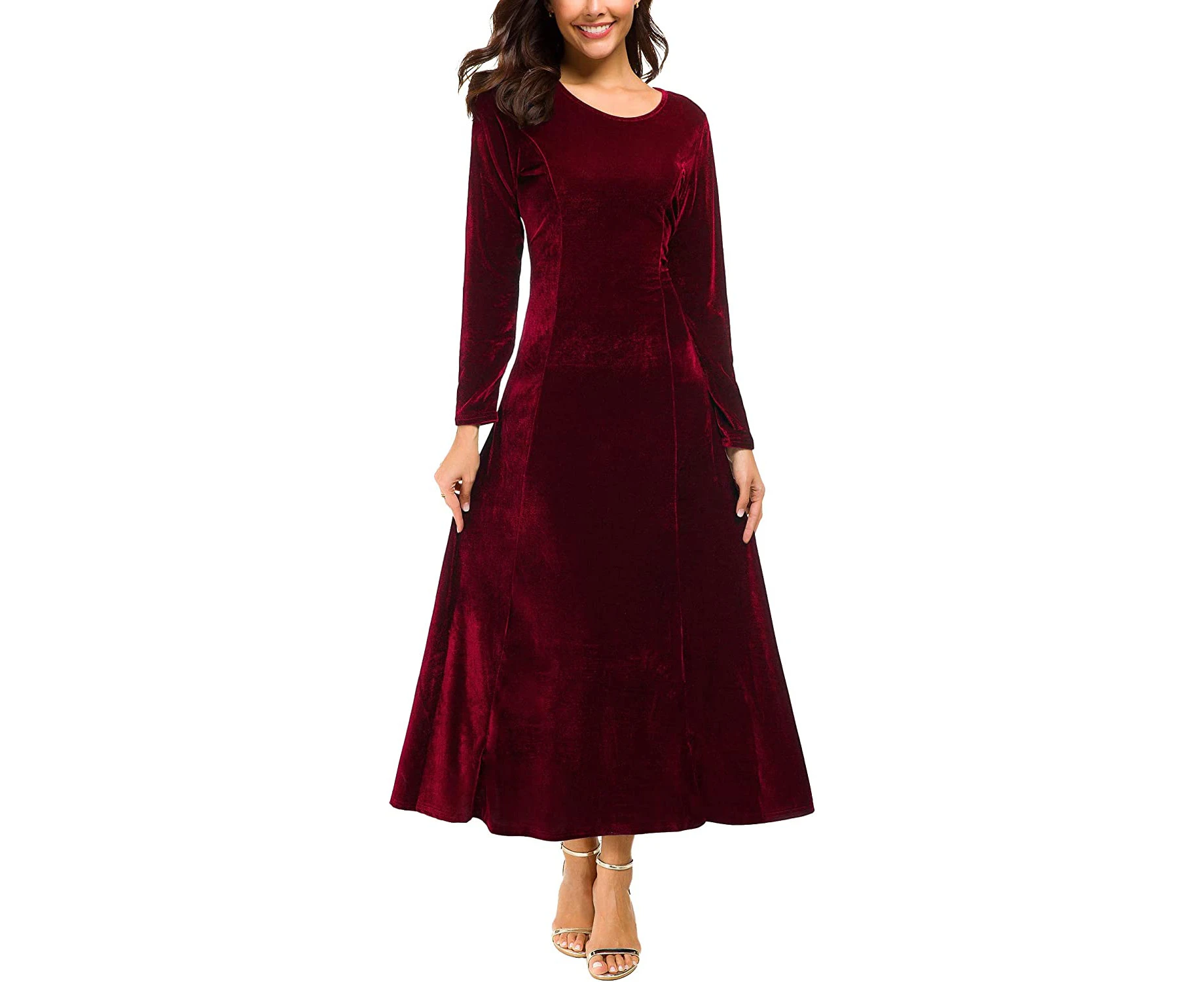 Women's Elegant Long Sleeve Ruched Velvet Stretchy Long Dress - Wine Red