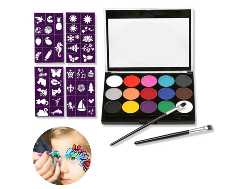 Body Children's Make-Up Colours, 15 Colours Make-Up Palette 2 pens + 4 templates Children's Face Paint Set