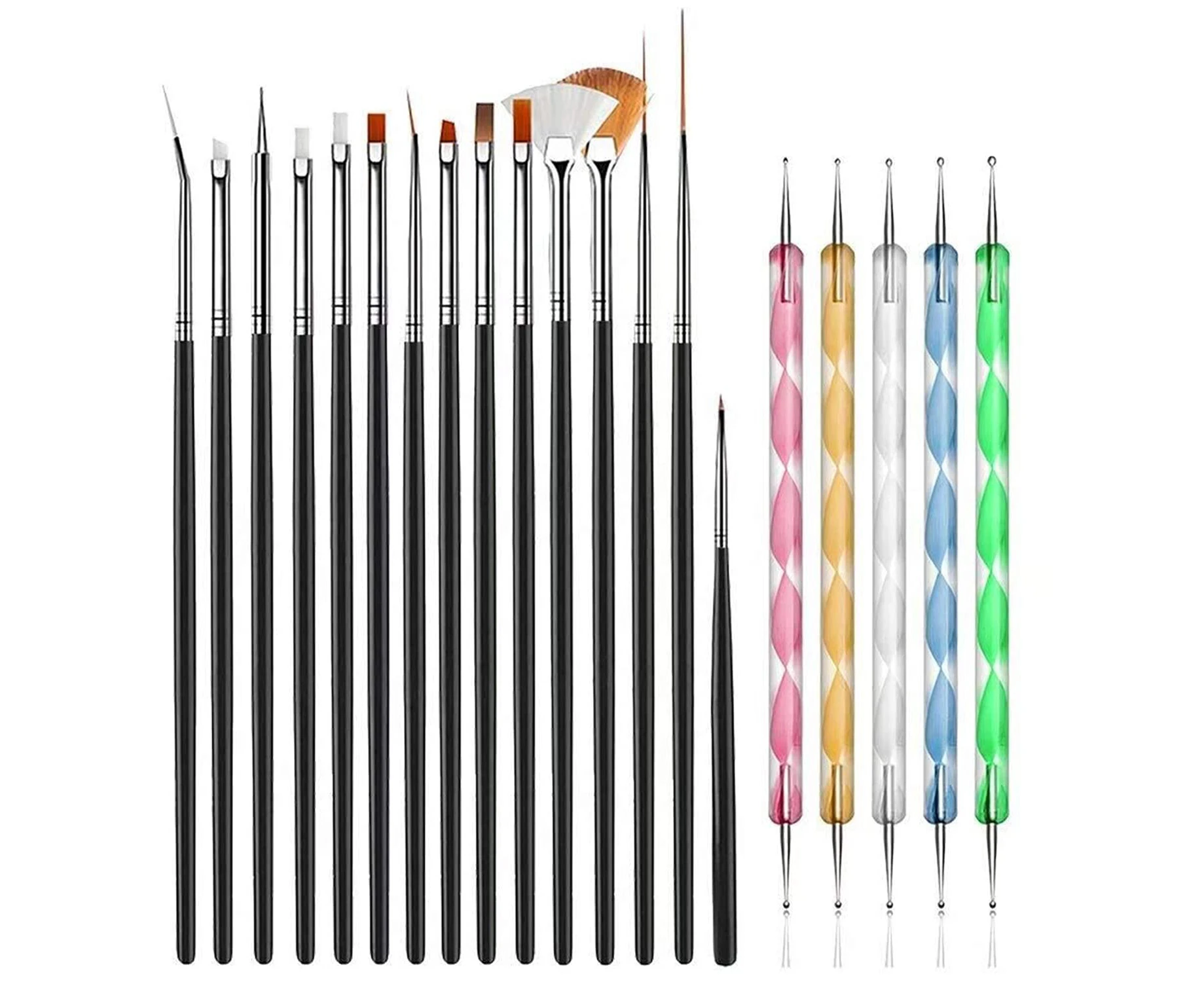 20pcs Nail Art Design Tools, 15pcs Painting Brushes Set with 5pcs Dotting Pens-Black Brushes with Dotting Pens