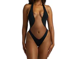 Halter Backless No Pads Sexy Monokini Perspective Net Yarn Patchwork Bodysuit Swimwear Beachwear-Black