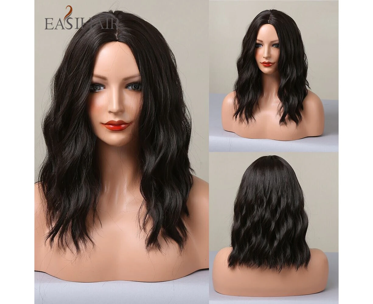 EASIHAIR Synthetic Wavy Wigs Short Brown Golden Bob Hair Wigs Medium Curly Wave Wigs for Women Daily Heat Resistant Women's Wig