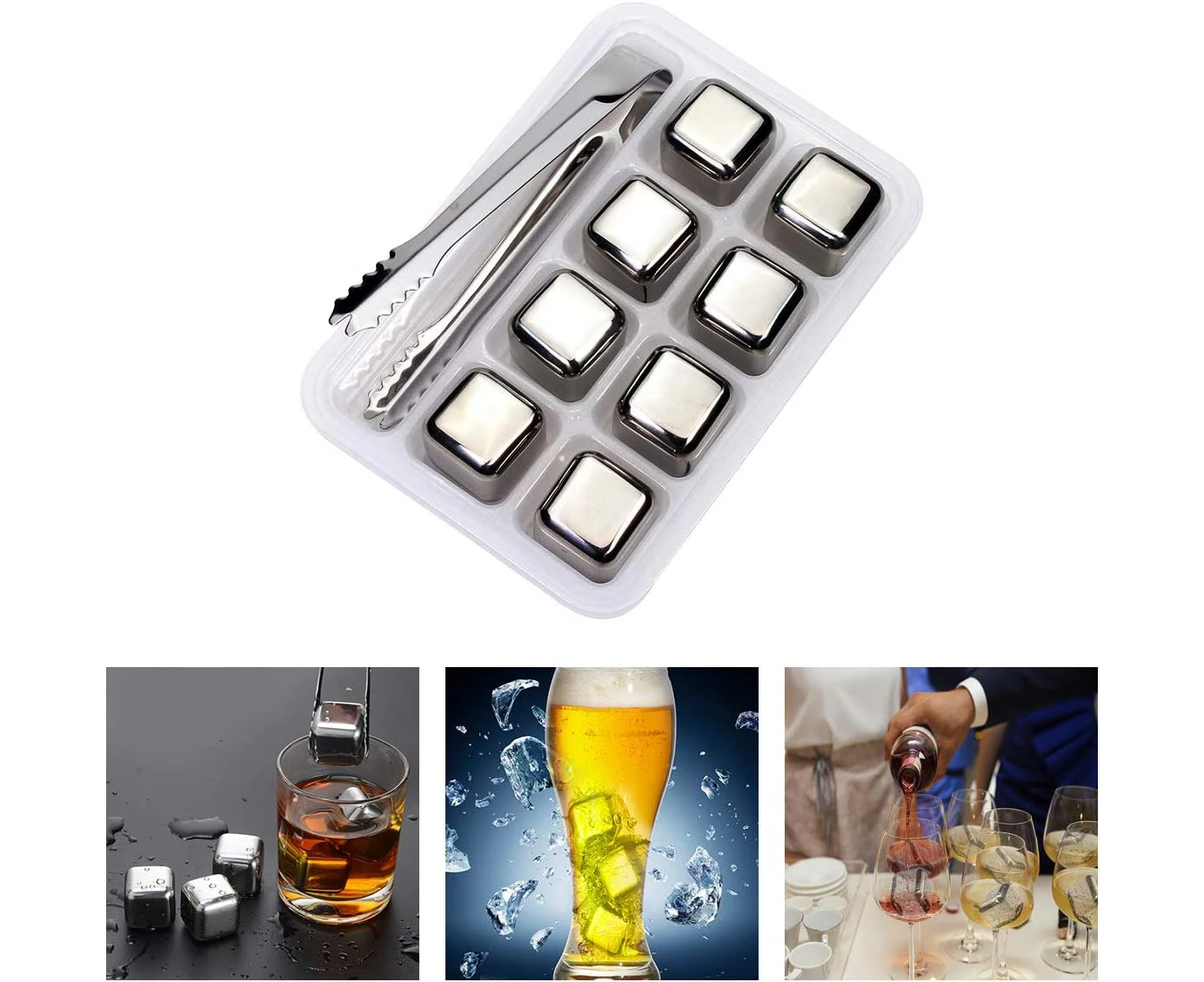 Whiskey Stones Stainless Steel Ice Cubes Reusable Chilling Whiskey Stones Beverage Rocks with Tongs & Freezer Storage Tray for Whiskey Wine Bever