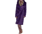 Plus Size Women Solid Color Flannel Hooded Bath Robe Dressing Gown Sleepwear-Purple