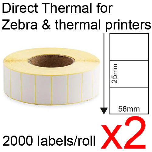 Direct thermal labels rolls 56x25mm 2000/roll tags for Zebra & thermal printer - 2