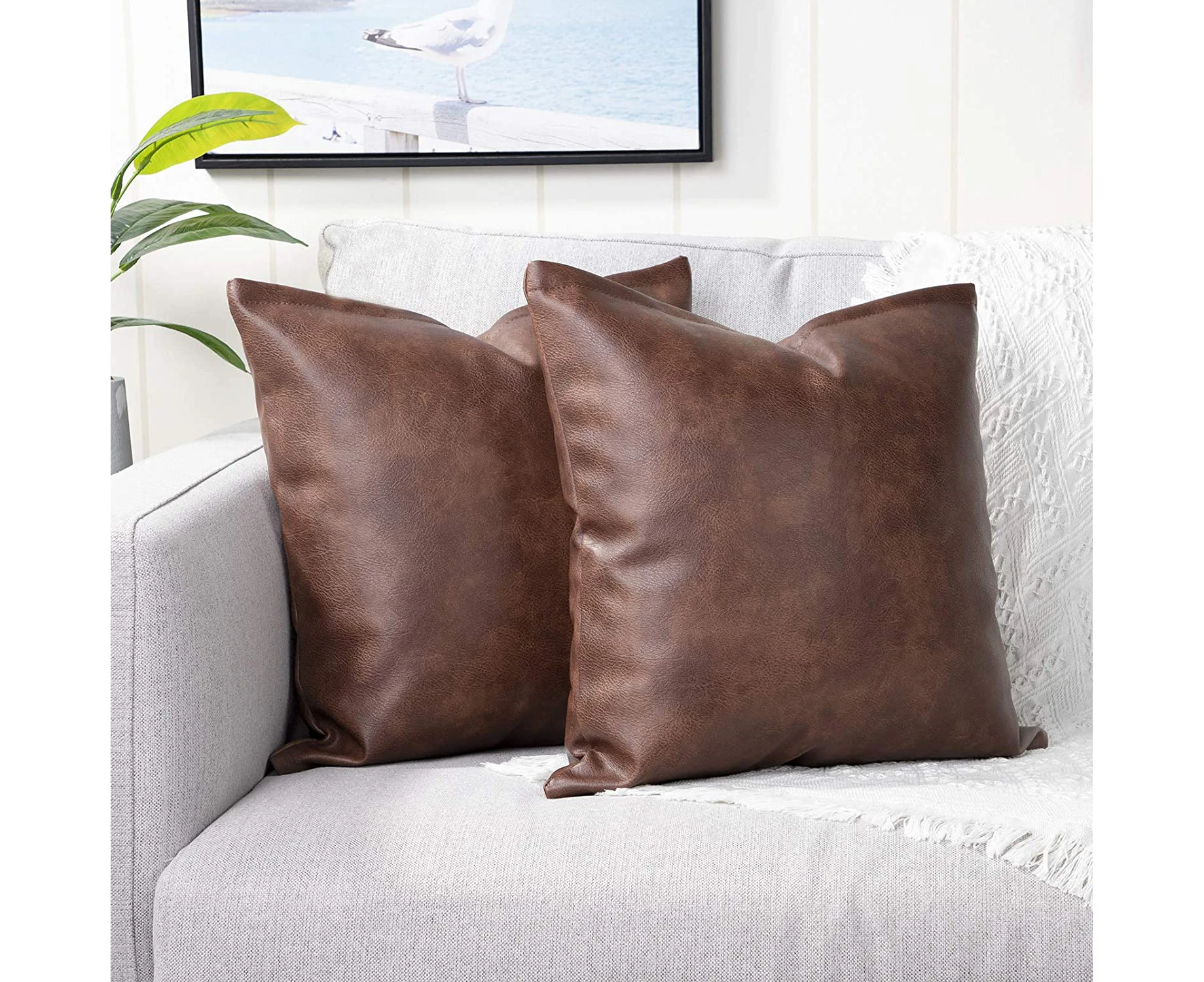 Set of 2 Faux Leather Decorative Throw Pillow Covers Modern Solid Outdoor Cushion Cases Luxury Pillowcases for Couch Sofa Bed 18x18 Inches Dark Brown