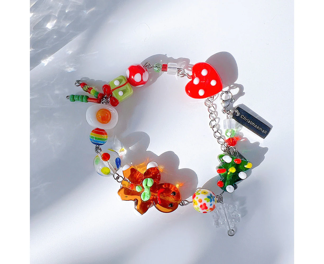 Christmas Gingerbread Jewelry Handmade Charm Bracelet with Murano Glass Gemstones