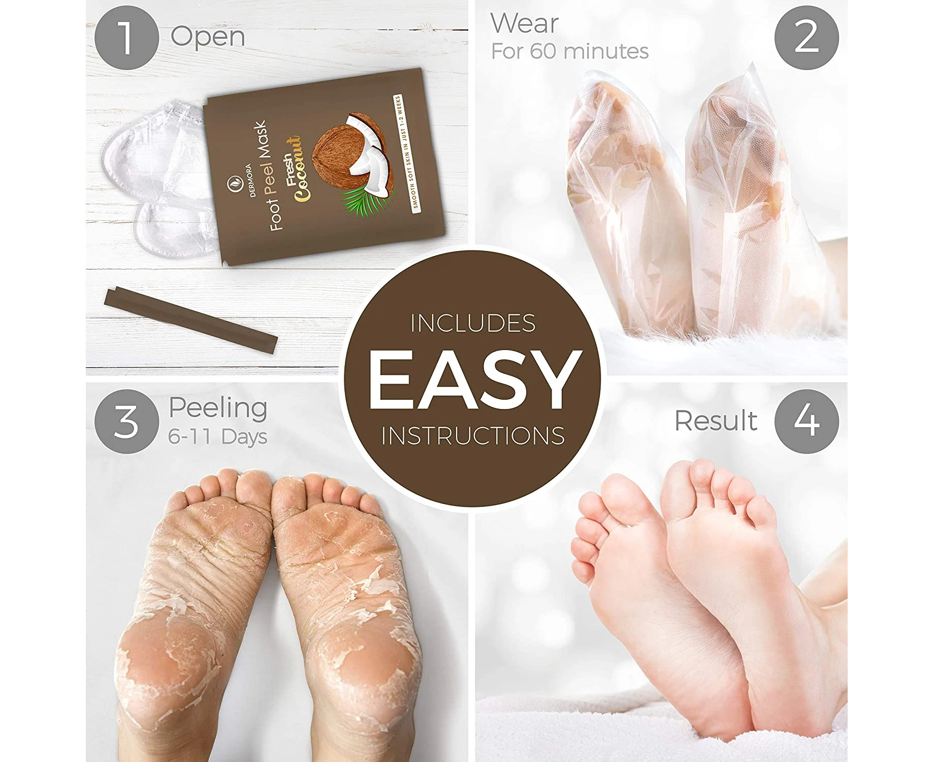 Coconut Foot Peel Mask -4 Pack - for Cracked Heels, Dead Skin Calluses - Make Your Feet Baby Soft Get Smooth Silky Skin - Removes Rough Heels Dry Skin